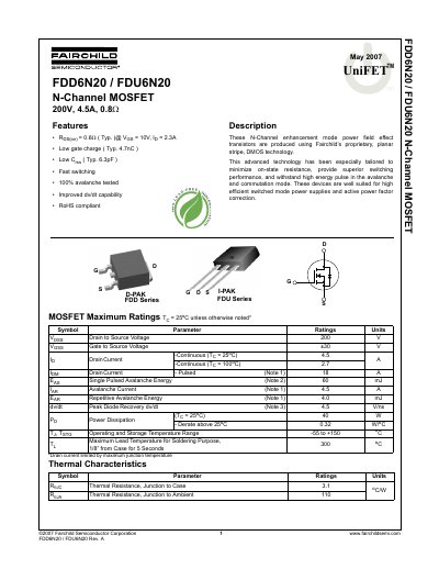 Fairchild Semiconductor FDD6N20/FDU6N20 N-Channel MOSFET Datasheet - cover page