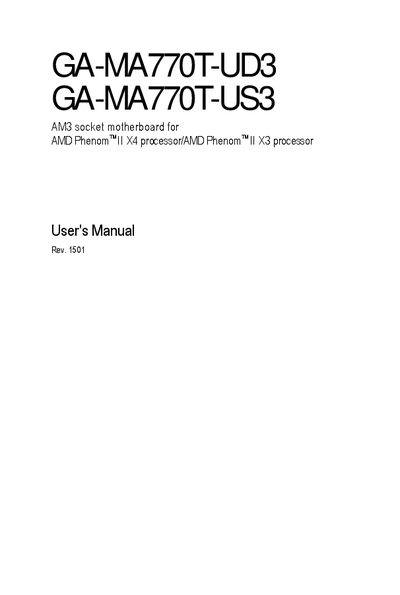Gigabyte GA-MA770T-UD3 / GA-MA770T-US3 Motherboard User Manual - cover page