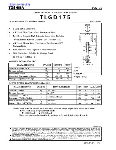 Toshiba TLGD175 LED Lamp Datasheet - cover page