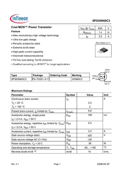 INFINEON SPS 03N60C3 handbook - cover page