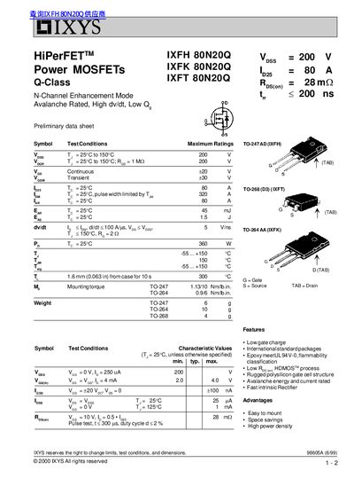 IXYS IXFH/IXFK/IXFT 80N20Q Power MOSFET Preliminary Data Sheet - cover page