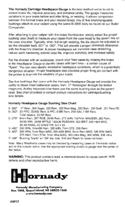 Hornady 69013 Cartridge Headspace Gauge User Manual - cover page