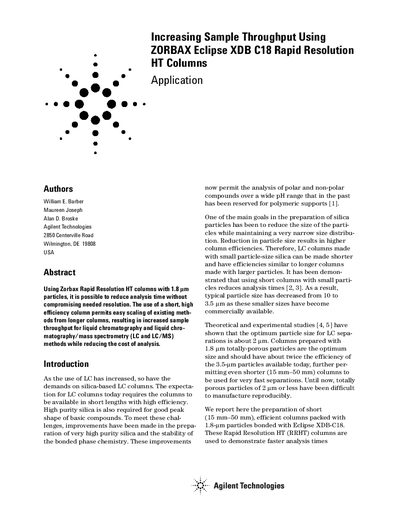 Agilent ZORBAX Eclipse XDB C18 RRHT Application Note - cover page