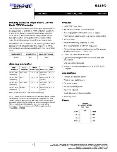 Intersil ISL8843 PWM Controller Datasheet