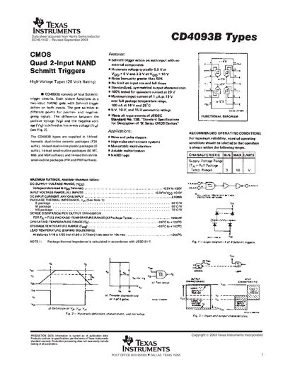 Texas Instruments CD4093B Quad 2-Input NAND Schmitt Trigger Datasheet - cover page