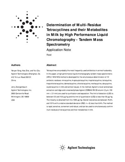 Agilent 6410 Determination of Tetracyclines in Milk Application Note - cover page