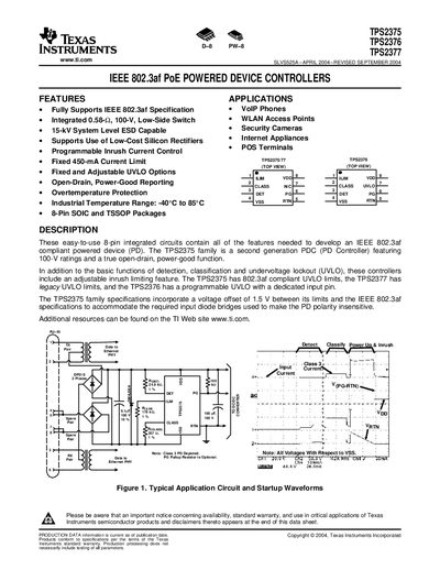 Texas Instruments TPS2375/ TPS2376/ TPS2377 PoE Controller Datasheet - cover page