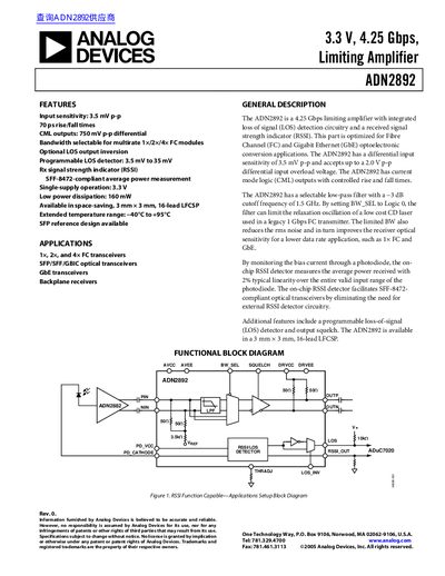 ANALOG DEVICES ADN2892 3.3 V 4.25 Gbps Limiting Amplifier handbook - cover page
