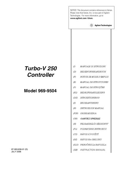 Agilent Turbo-V 250 Controller Model 969-9504 User Manual - cover page