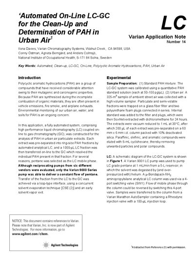 Varian Application Note 14: Automated On-Line LC-GC for PAH Determination in Urban Air - cover page