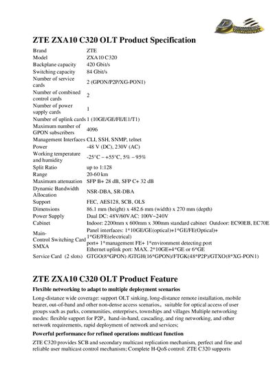 ZTE ZXA10 C320 OLT Product Specification Datasheet