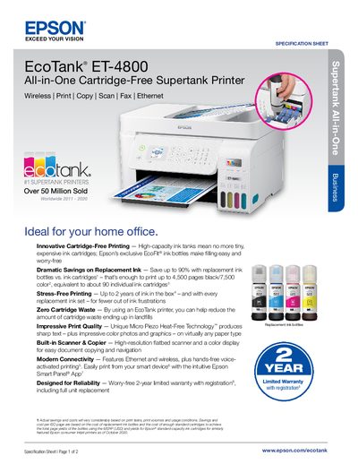 Epson EcoTank ET-4800 All-in-One Printer Specification Sheet - cover page