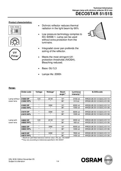 OSRAM DECOSTAR 51/51S Halogen Lamp Technical Information - cover page