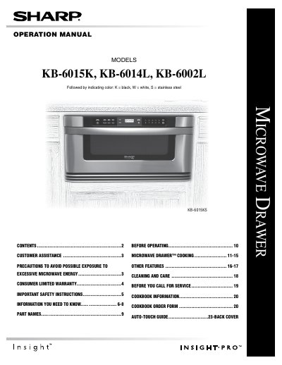 Sharp KB-6002L/KB-6014L/KB-6015K Microwave Drawer Operation Manual