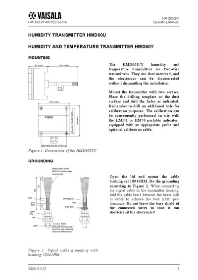 Vaisala HMD60U/Y Humidity and Temperature Transmitter Operating Manual - cover page
