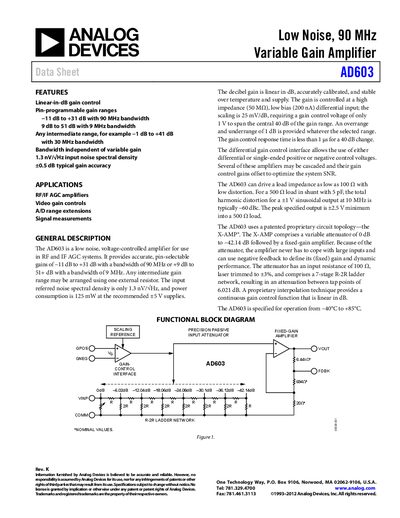 Analog Devices AD603 Variable Gain Amplifier Handbook - cover page
