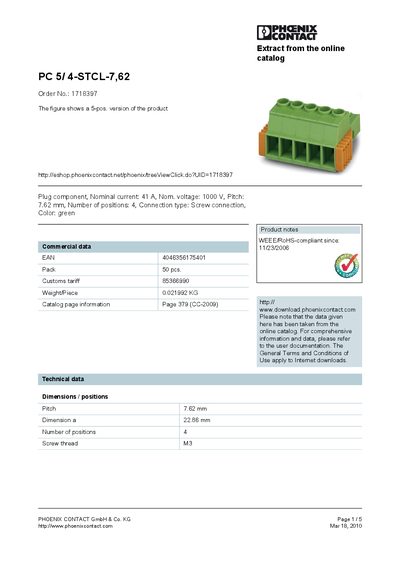 Phoenix Contact PC 5/4-STCL-7,62 Datasheet - cover page