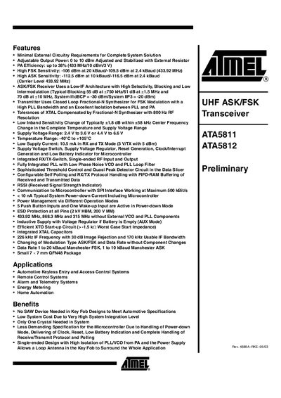 Atmel ATA5811/ATA5812 UHF ASK/FSK Transceiver Manual - cover page