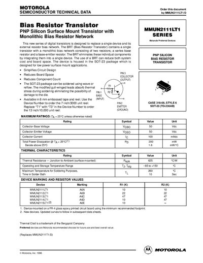 Motorola MMUN2111LT1 Series Bias Resistor Transistor Datasheet - cover page