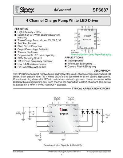 Sipex SP6687 4‑Channel Charge Pump White LED Driver Datasheet - cover page