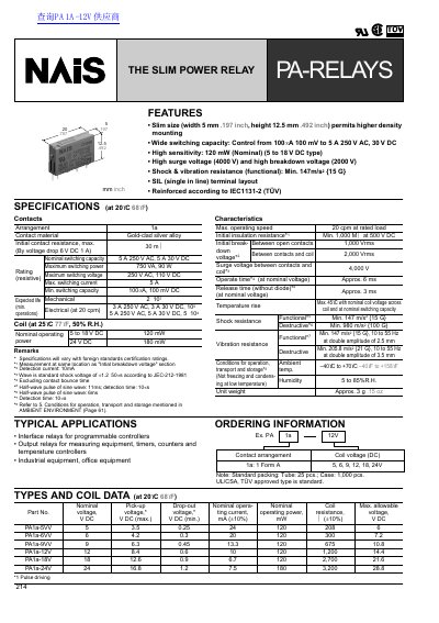 Matsushita Electric Works PA 214 Slim Power Relay Datasheet - cover page