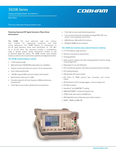 Aeroflex 3920B Series Analog and Digital Radio Test Platform Data Sheet - cover page