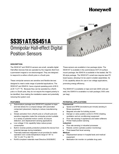 Honeywell SS351AT/SS451A Digital Hall-Effect Sensor Datasheet - cover page
