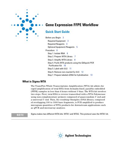 Agilent Technologies Gene Expression FFPE Workflow Quick Start Guide - cover page
