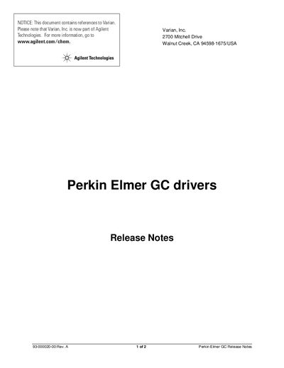 Agilent Perkin Elmer GC Drivers Release Notes - cover page