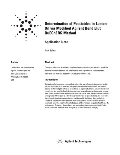 Agilent Bond Elut QuEChERS EN Extraction Application Note - cover page