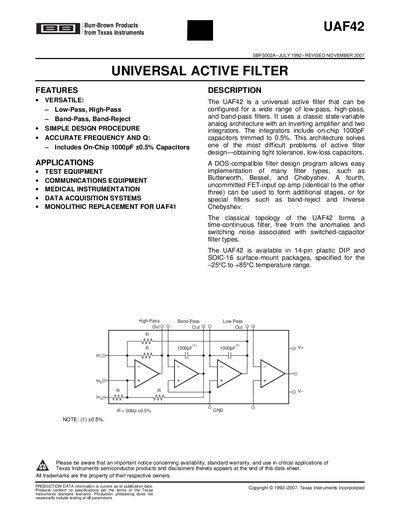 Texas Instruments UAF42 Universal Active Filter Datasheet - cover page