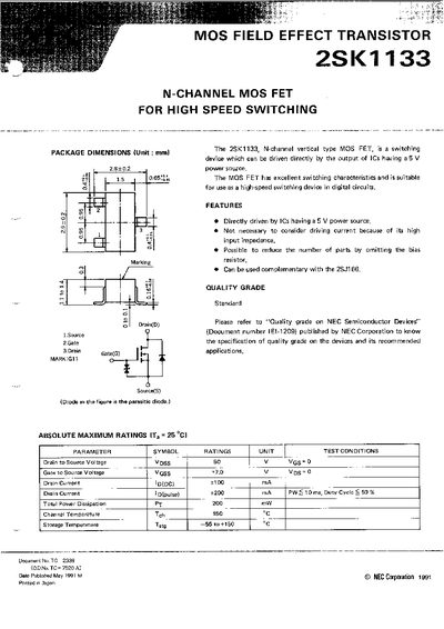 NEC 2SK1133 MOSFET Datasheet - cover page