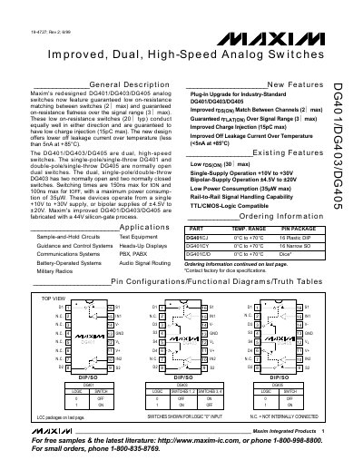 Maxim DG401/DG403/DG405 High-Speed Analog Switch Datasheet - cover page