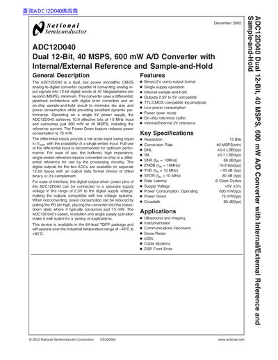 National Semiconductor ADC12D040 Dual 12-Bit 40 MSPS 600 mW A/D Converter with Internal/External Reference Sample-and-Hold handbook - cover page
