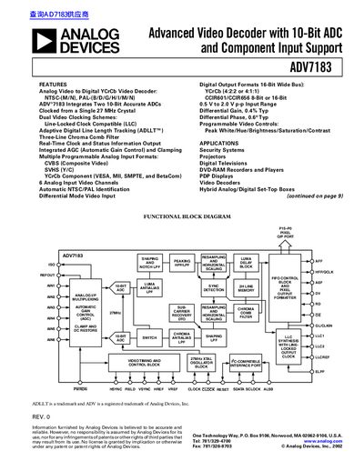 ANALOG DEVICES Advanced Video Decoder with 10-Bit ADC Component Input Support ADV7183 handbook - cover page