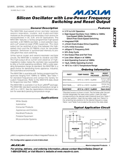 Maxim MAX7384 Silicon Oscillator with Low-Power Frequency Switching and Reset Output Datasheet - cover page
