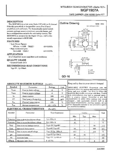 Mitsubishi MGF1907A GaAs FET Datasheet - cover page