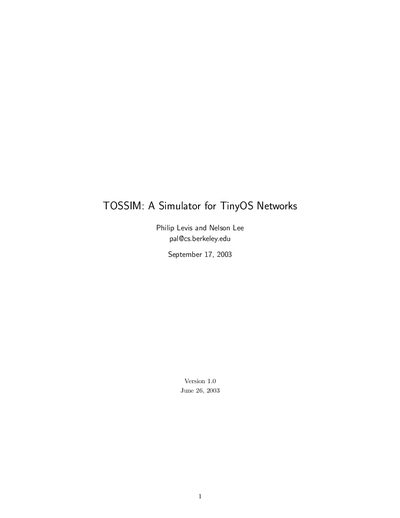 TOSSIM Simulator for TinyOS Networks User Manual - cover page