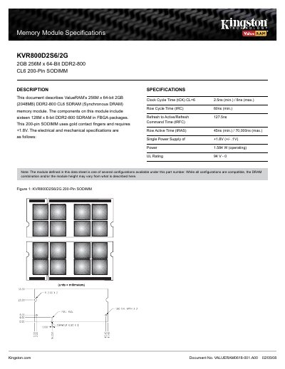 Kingston KVR800D2S6/2G Memory Module Datasheet
