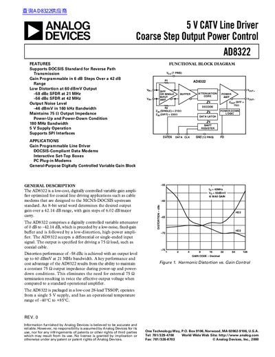 ANALOG DEVICES 5 V CATV Line Driver Coarse Step Output Power Control AD8322 handbook - cover page