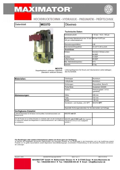 Maximator MO37D Pneumatic Pump Datasheet - cover page