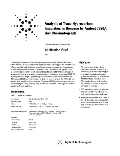 Agilent 7820A Gas Chromatograph Analysis of Trace Hydrocarbon Impurities in Benzene Application Brief - cover page