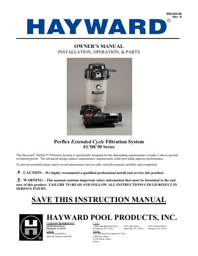 Hayward EC50C90 Series Perflex Extended Cycle Filtration System Owner's Manual
