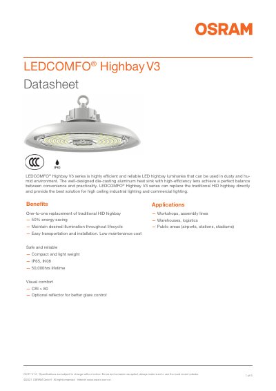 OSRAM Highbay V3 LED Luminaire Datasheet - cover page