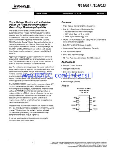 Intersil ISL88021/ISL88022 Triple Voltage Monitor Datasheet - cover page