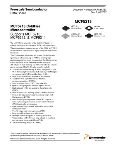  Freescale Semiconductor Data Sheet Document Number: MCF5213EC Rev. 3 05/2007 Manual - cover page