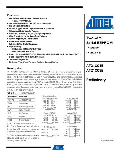 Atmel AT24C04B/AT24C08B EEPROM Datasheet - cover page