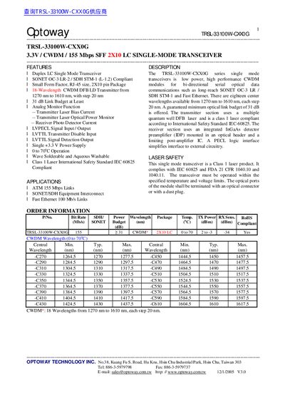 Optoway TRSL-33100W-CXXOG DATA SHEET - cover page
