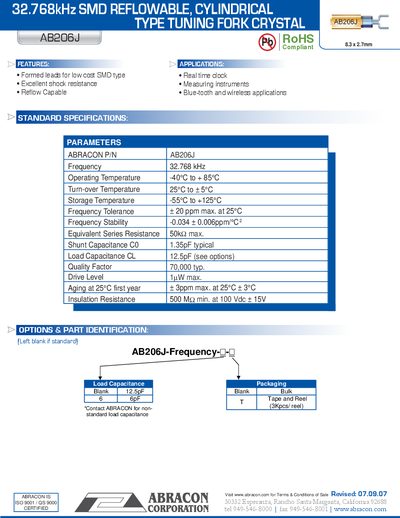 ABRACON AB206J Tuning Fork Crystal Datasheet - cover page