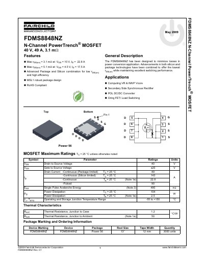 Fairchild FDMS8848NZ N-Channel PowerTrench MOSFET Datasheet - cover page